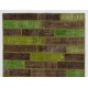 Brown & Green Color Handmade Patchwork Rug Made from Over-Dyed Vintage Carpets