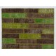 Handmade Patchwork Rug in Green & Brown Colors, Turkish Wool Carpet for Modern Home and Office Decor