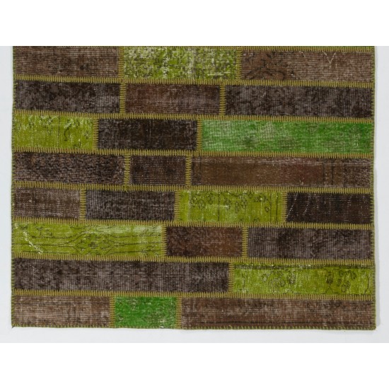 Handmade Patchwork Rug in Green & Brown Colors, Turkish Wool Carpet for Modern Home and Office Decor