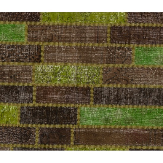 Brown & Green Color Handmade Patchwork Rug Made from Over-Dyed Vintage Carpets Brown & Green Color Handmade Patchwork Rug Made from Over-Dyed Vintage Carpets
