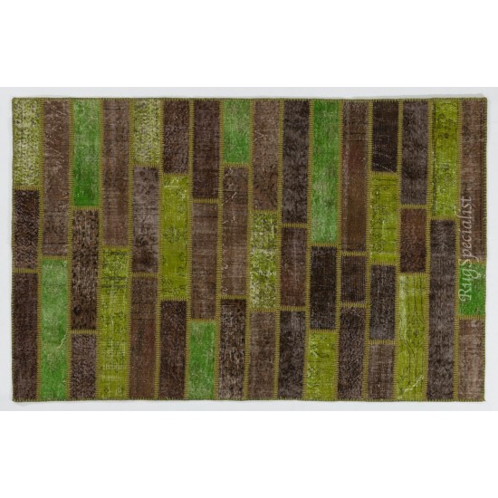 Brown & Green Color Handmade Patchwork Rug Made from Over-Dyed Vintage Carpets Brown & Green Color Handmade Patchwork Rug Made from Over-Dyed Vintage Carpets