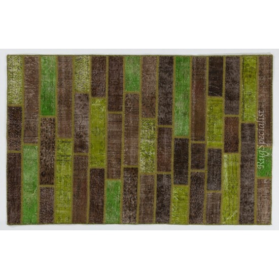 Handmade Patchwork Rug in Green & Brown Colors, Turkish Wool Carpet for Modern Home and Office Decor