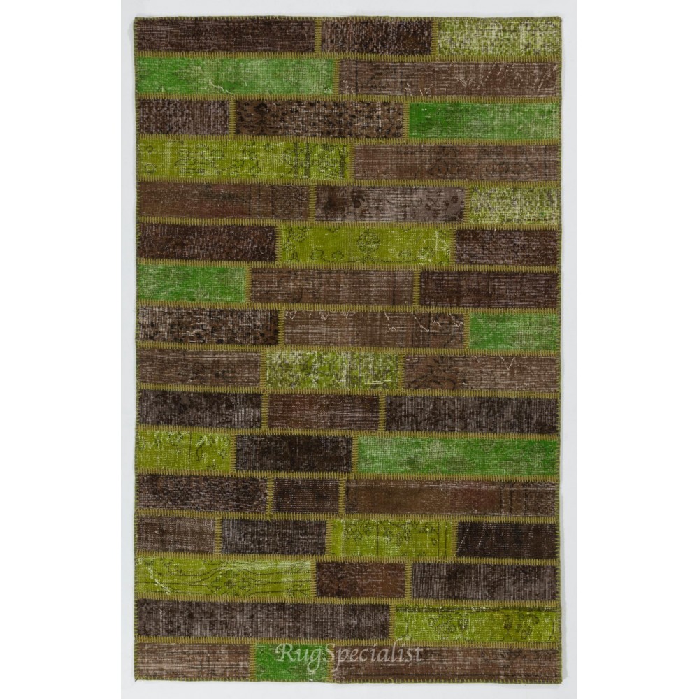 Handmade Patchwork Rug in Green & Brown Colors, Turkish Wool Carpet for Modern Home and Office Decor