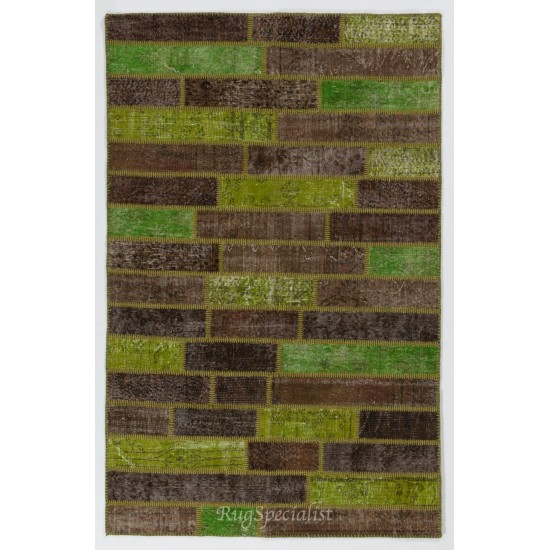 Handmade Patchwork Rug in Green & Brown Colors, Turkish Wool Carpet for Modern Home and Office Decor