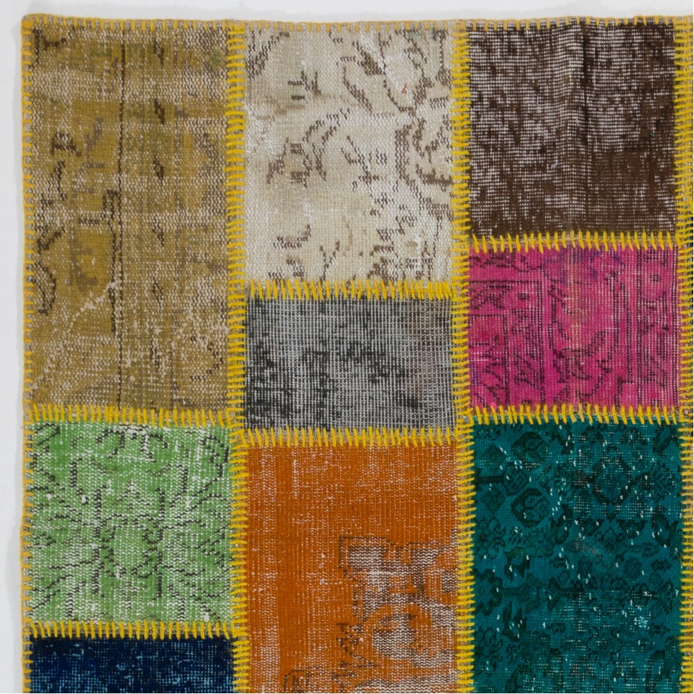 Vibrant Multicolor Turkish Patchwork Rug | Hand-Knotted Overdyed Wool Area Rug for Modern Living Room Vibrant Multicolor Turkish Patchwork Rug | Hand-Knotted Overdyed Wool Area Rug for Modern Living Room
