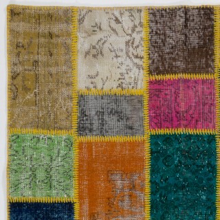 Vibrant Multicolor Turkish Patchwork Rug | Hand-Knotted Overdyed Wool Area Rug for Modern Living Room