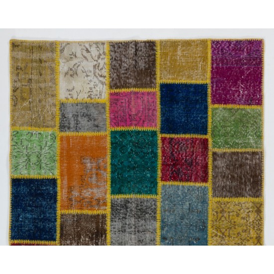 Colorful Handmade Patchwork Rug Made from Over-Dyed Vintage Carpets Colorful Handmade Patchwork Rug Made from Over-Dyed Vintage Carpets