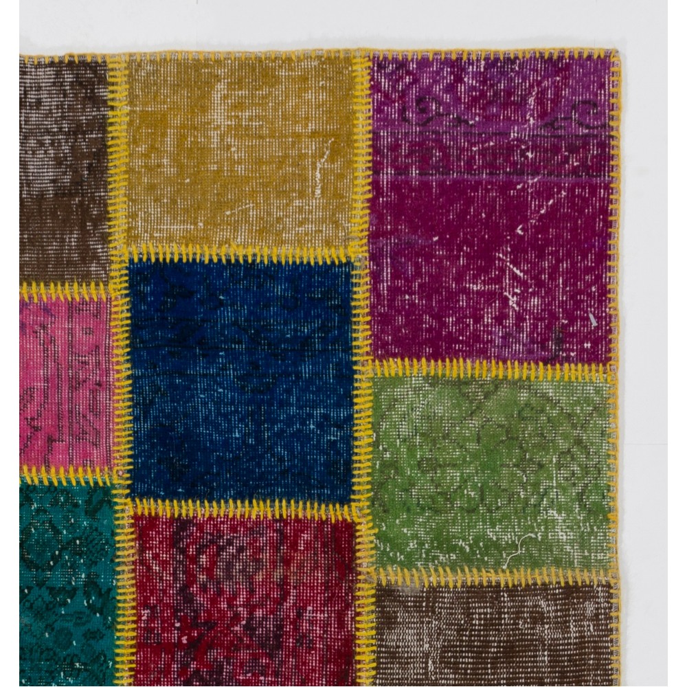 Vibrant Multicolor Turkish Patchwork Rug | Hand-Knotted Overdyed Wool Area Rug for Modern Living Room Vibrant Multicolor Turkish Patchwork Rug | Hand-Knotted Overdyed Wool Area Rug for Modern Living Room