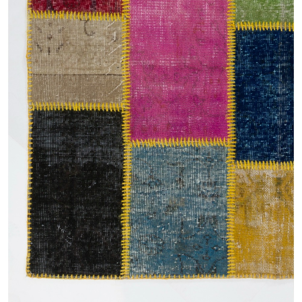 Vibrant Multicolor Turkish Patchwork Rug | Hand-Knotted Overdyed Wool Area Rug for Modern Living Room Vibrant Multicolor Turkish Patchwork Rug | Hand-Knotted Overdyed Wool Area Rug for Modern Living Room