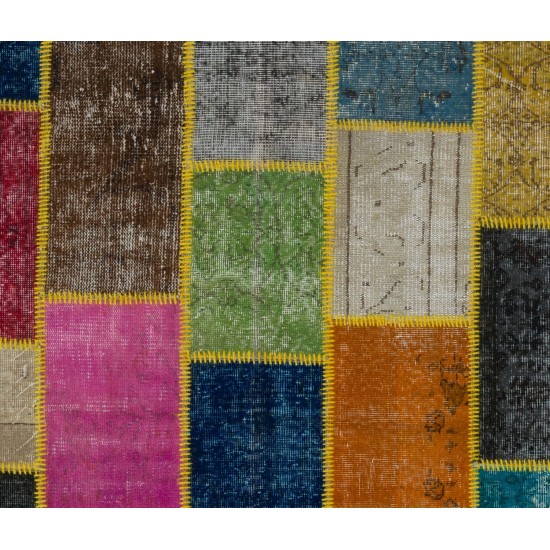 Vibrant Color Handmade Patchwork Carpet. Modern Look Multicolor Wool Area Rug. Home Decoration Floor Covering