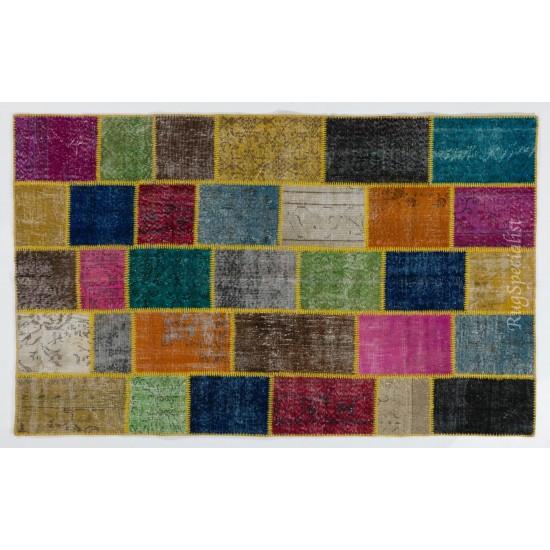 Vibrant Color Handmade Patchwork Carpet. Modern Look Multicolor Wool Area Rug. Home Decoration Floor Covering