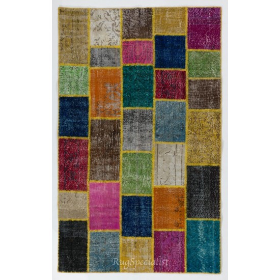 Vibrant Color Handmade Patchwork Carpet. Modern Look Multicolor Wool Area Rug. Home Decoration Floor Covering