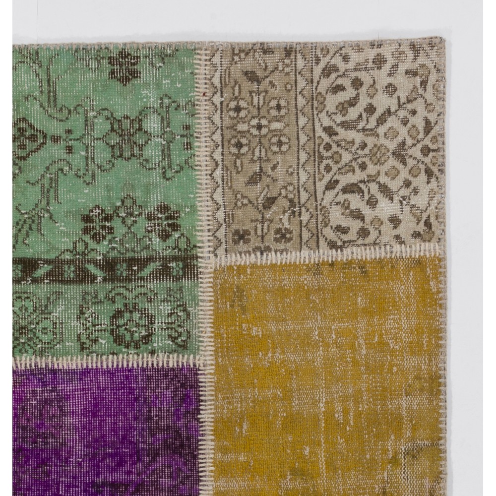 Multicolor Turkish Patchwork Rug | Handknotted Eclectic Style Overdyed Carpet for Modern Living Room Multicolor Turkish Patchwork Rug | Handknotted Eclectic Style Overdyed Carpet for Modern Living Room