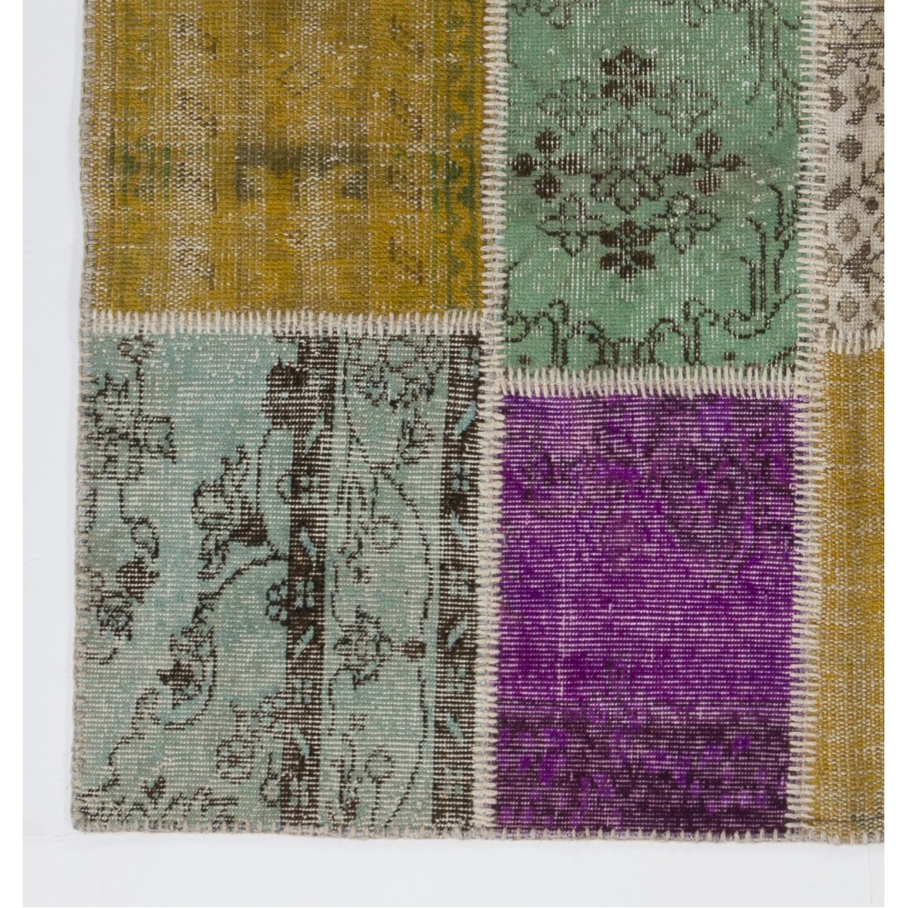 Multicolor Turkish Patchwork Rug | Handknotted Eclectic Style Overdyed Carpet for Modern Living Room Multicolor Turkish Patchwork Rug | Handknotted Eclectic Style Overdyed Carpet for Modern Living Room