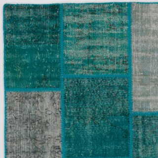 Hand-Knotted Teal Blue Turkish Patchwork Rug | Contemporary Overdyed Wool Carpet for Living Room, Bedroom and Kitchen Hand-Knotted Teal Blue Turkish Patchwork Rug | Contemporary Overdyed Wool Carpet for Living Room, Bedroom and Kitchen