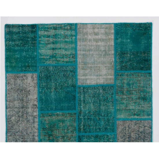 Hand-Knotted Patchwork Rug in Shades of Teal Blue and Turquoise, Contemporary Turkish Carpet, Woolen Floor Covering