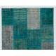 Hand-Knotted Patchwork Rug in Shades of Teal Blue and Turquoise, Contemporary Turkish Carpet, Woolen Floor Covering