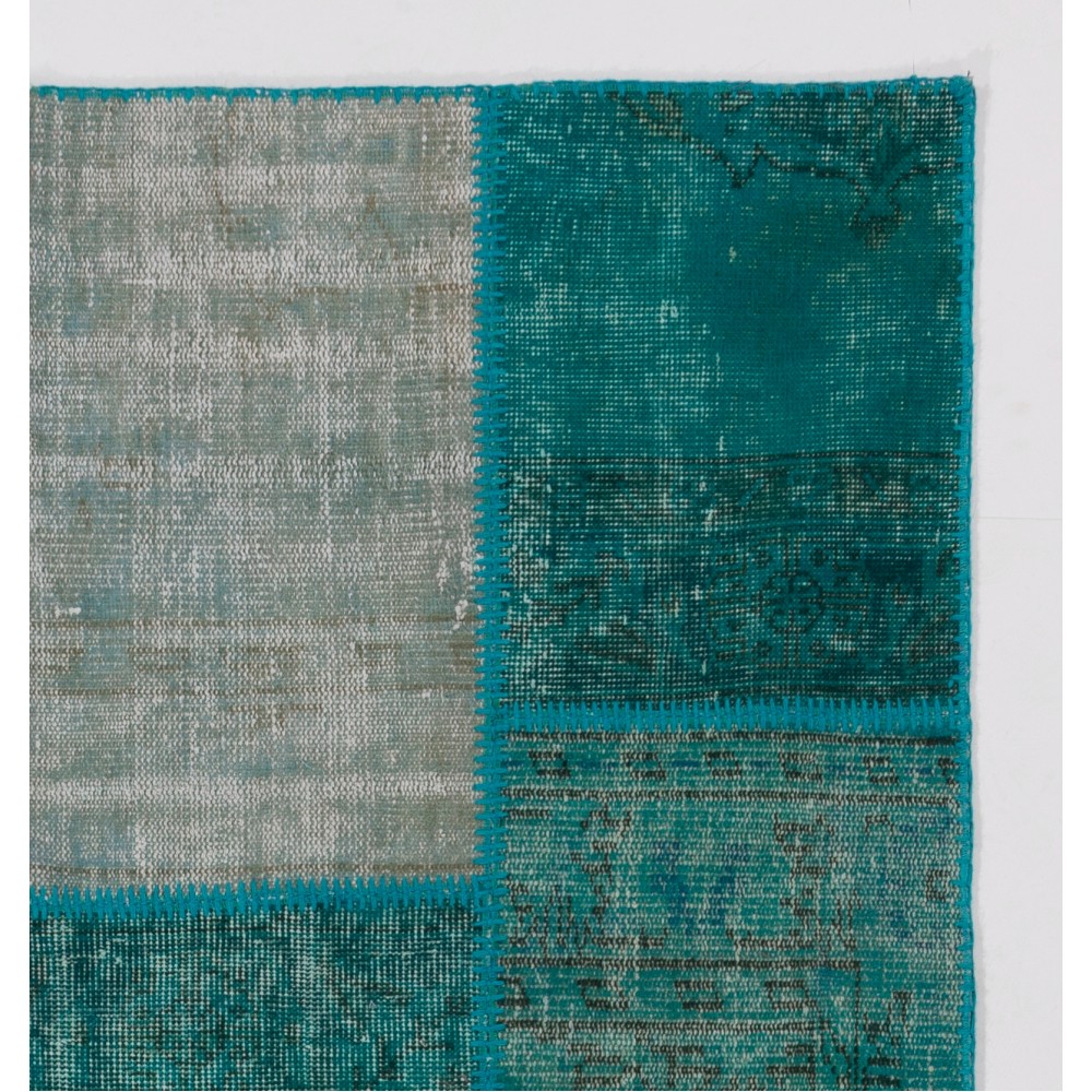 Hand-Knotted Teal Blue Turkish Patchwork Rug | Contemporary Overdyed Wool Carpet for Living Room, Bedroom and Kitchen Hand-Knotted Teal Blue Turkish Patchwork Rug | Contemporary Overdyed Wool Carpet for Living Room, Bedroom and Kitchen