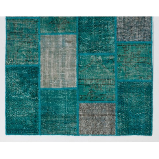 Hand-Knotted Patchwork Rug in Shades of Teal Blue and Turquoise, Contemporary Turkish Carpet, Woolen Floor Covering Hand-Knotted Patchwork Rug in Shades of Teal Blue and Turquoise, Contemporary Turkish Carpet, Woolen Floor Covering