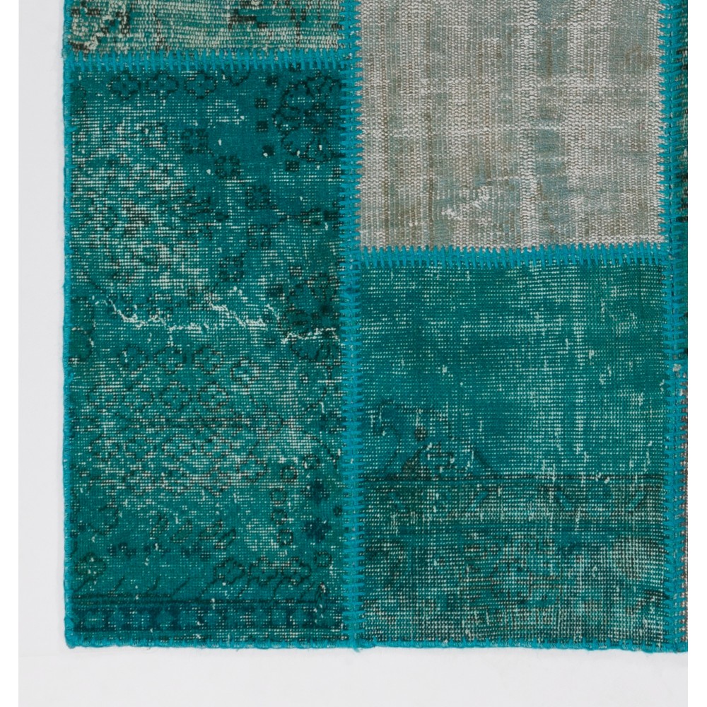 Hand-Knotted Teal Blue Turkish Patchwork Rug | Contemporary Overdyed Wool Carpet for Living Room, Bedroom and Kitchen Hand-Knotted Teal Blue Turkish Patchwork Rug | Contemporary Overdyed Wool Carpet for Living Room, Bedroom and Kitchen