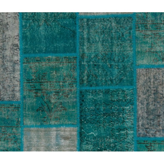 Hand-Knotted Patchwork Rug in Shades of Teal Blue and Turquoise, Contemporary Turkish Carpet, Woolen Floor Covering