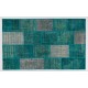 Hand-Knotted Patchwork Rug in Shades of Teal Blue and Turquoise, Contemporary Turkish Carpet, Woolen Floor Covering