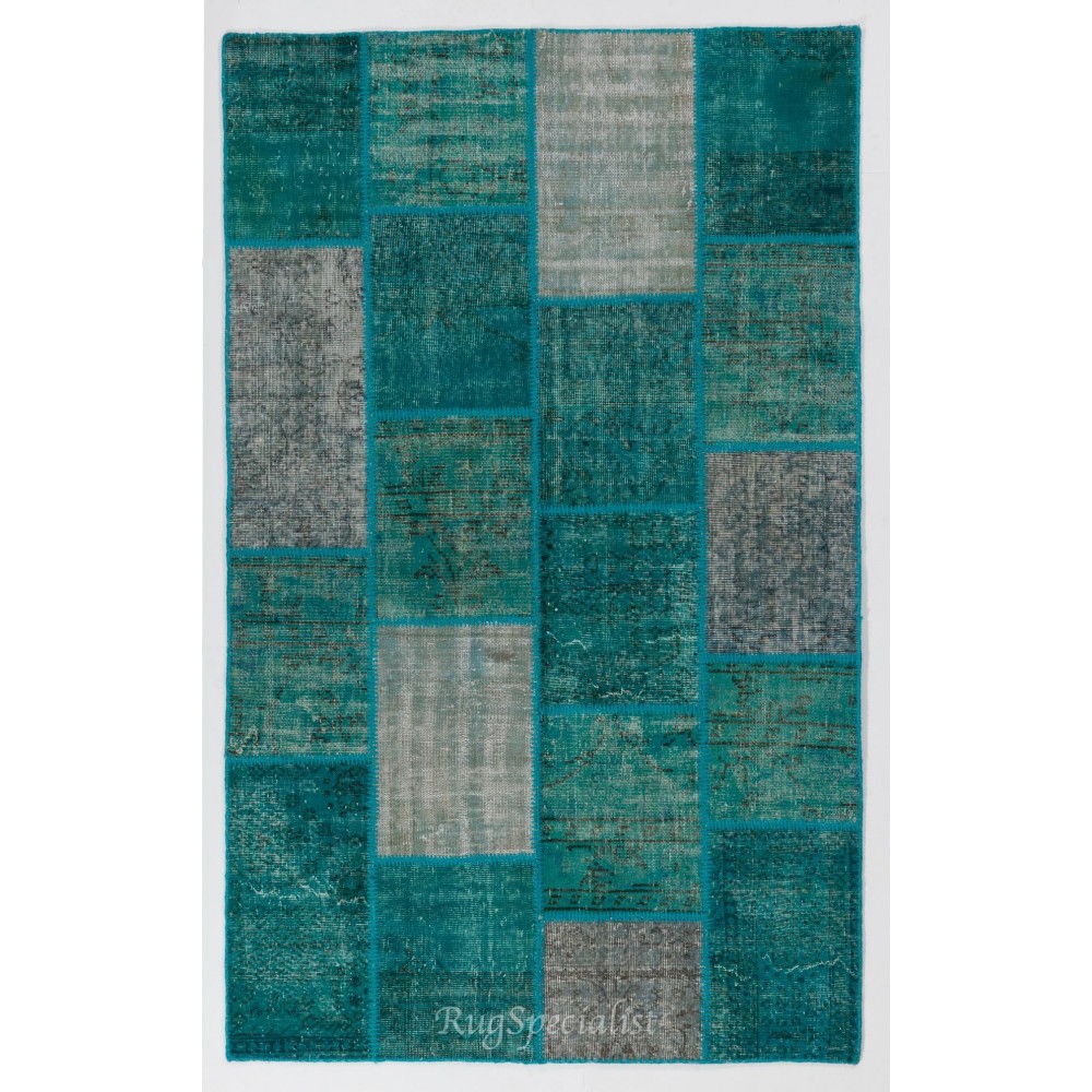 Hand-Knotted Patchwork Rug in Shades of Teal Blue and Turquoise, Contemporary Turkish Carpet, Woolen Floor Covering