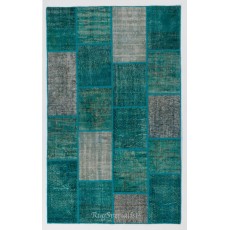 Hand-Knotted Patchwork Rug in Shades of Teal Blue and Turquoise, Contemporary Turkish Carpet, Woolen Floor Covering