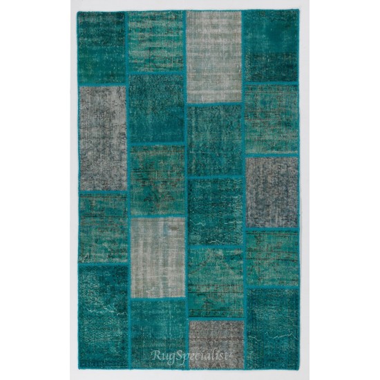 Hand-Knotted Patchwork Rug in Shades of Teal Blue and Turquoise, Contemporary Turkish Carpet, Woolen Floor Covering