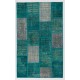 Hand-Knotted Patchwork Rug in Shades of Teal Blue and Turquoise, Contemporary Turkish Carpet, Woolen Floor Covering