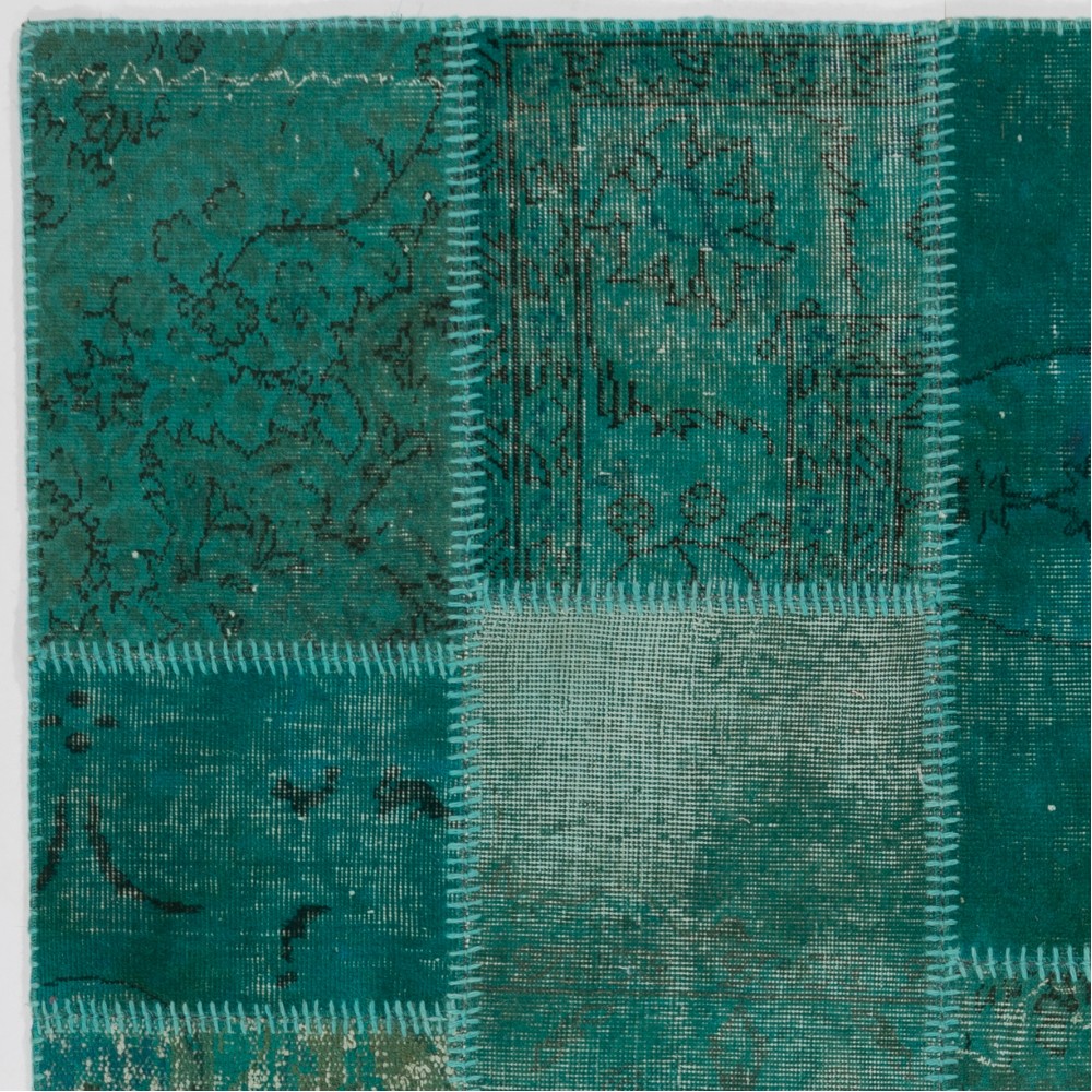 Hand-Knotted Teal Blue Turkish Patchwork Rug | Contemporary Overdyed Wool Carpet for Living Room, Bedroom and Kitchen