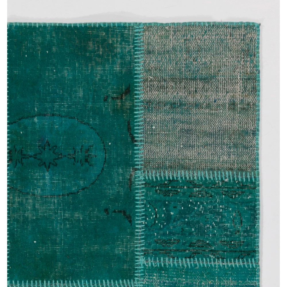 Hand-Knotted Teal Blue Turkish Patchwork Rug | Contemporary Overdyed Wool Carpet for Living Room, Bedroom and Kitchen