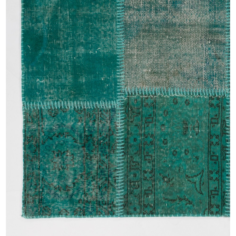 Hand-Knotted Teal Blue Turkish Patchwork Rug | Contemporary Overdyed Wool Carpet for Living Room, Bedroom and Kitchen