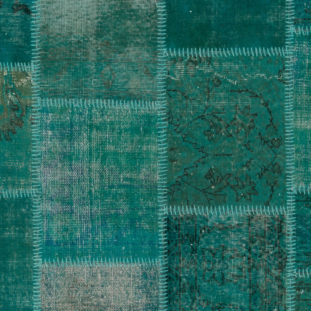 Hand-Knotted Teal Blue Turkish Patchwork Rug | Contemporary Overdyed Wool Carpet for Living Room, Bedroom and Kitchen