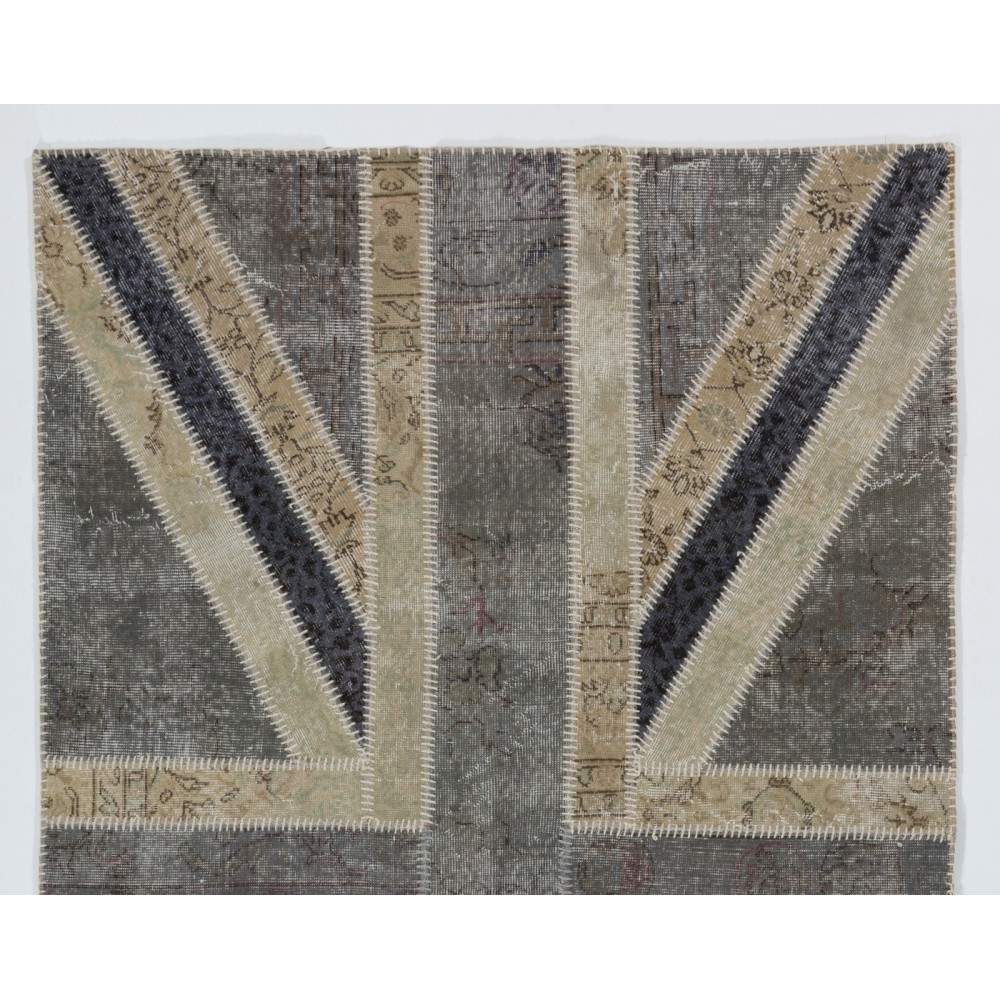 Union Jack British Flag Design Patchwork Handmade Rug in Gray, Black and Beige. United Kingdom Carpet for Contemporary Interiors