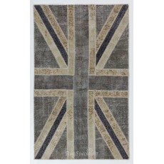 Union Jack British Flag Design Patchwork Handmade Rug in Gray, Black and Beige. United Kingdom Carpet for Contemporary Interiors