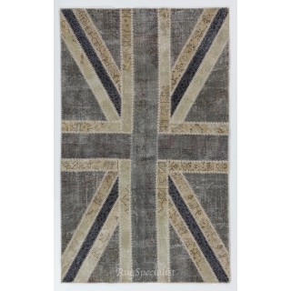 Union Jack British Flag Design Patchwork Handmade Rug in Gray, Black and Beige. United Kingdom Carpet for Contemporary Interiors