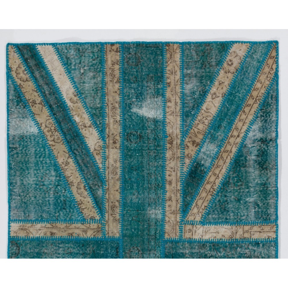 Union Jack British Flag Design Rug, Modern Handmade Patchwork Rug in Teal Blue, Beige and Turquoise Colors, United Kingdom Carpet
