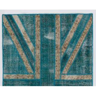 Union Jack British Flag Design Rug, Modern Handmade Patchwork Rug in Teal Blue, Beige and Turquoise Colors, United Kingdom Carpet