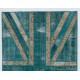 Union Jack British Flag Design Rug, Modern Handmade Patchwork Rug in Teal Blue, Beige and Turquoise Colors, United Kingdom Carpet