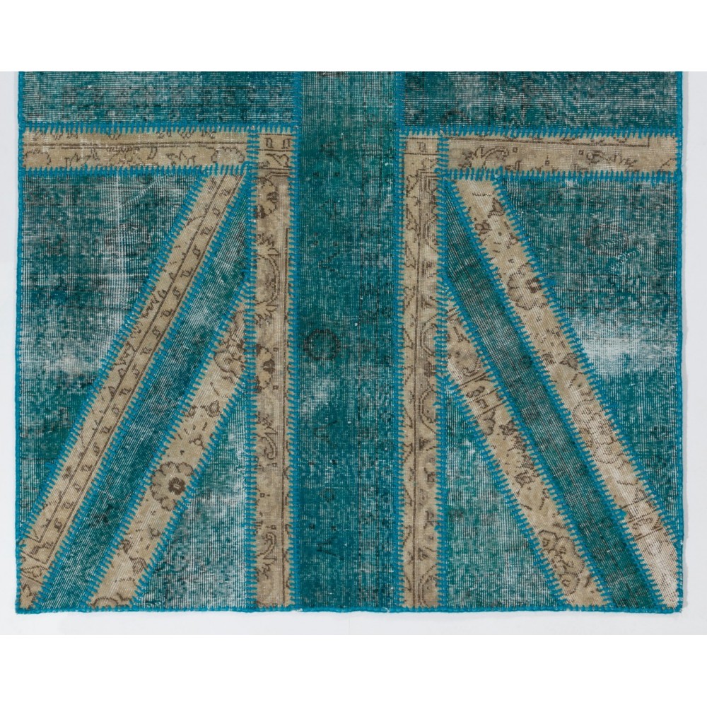 Union Jack British Flag Design Rug, Modern Handmade Patchwork Rug in Teal Blue, Beige and Turquoise Colors, United Kingdom Carpet