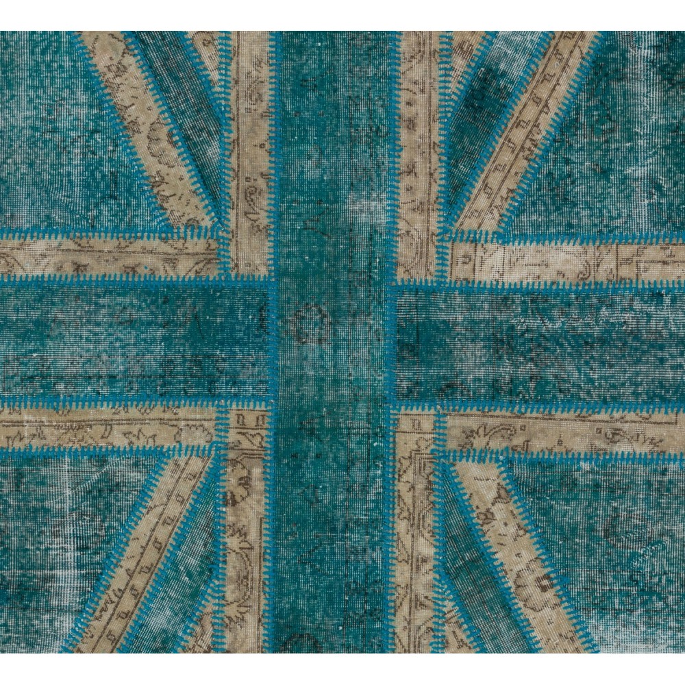 Union Jack British Flag Design Rug, Modern Handmade Patchwork Rug in Teal Blue, Beige and Turquoise Colors, United Kingdom Carpet