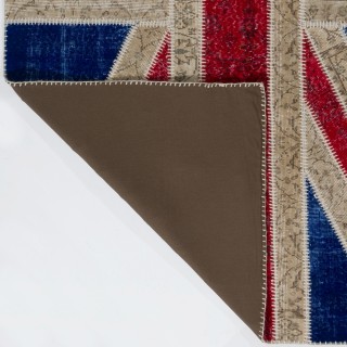 Union Jack British Flag Design Patchwork Rug | Vintage Hand-Knotted United Kingdom Flag Pattern Blue Carpet Union Jack British Flag Design Patchwork Rug | Vintage Hand-Knotted United Kingdom Flag Pattern Blue Carpet