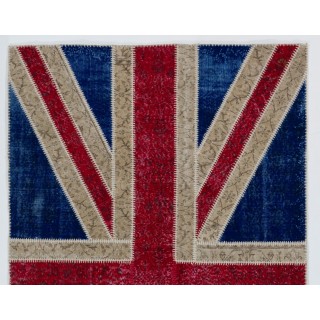 Union Jack British Flag Design Patchwork Rug Made from Re-Dyed Vintage Carpets Union Jack British Flag Design Patchwork Rug Made from Re-Dyed Vintage Carpets