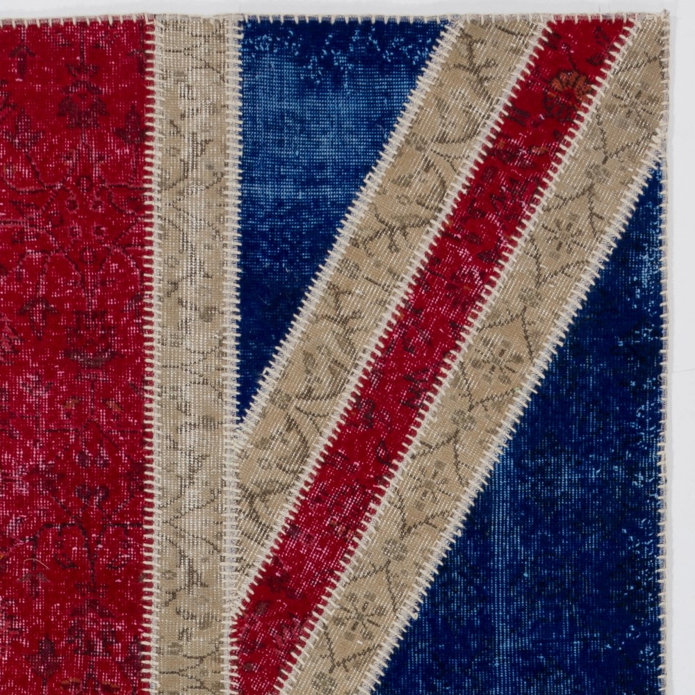 Union Jack British Flag Design Patchwork Rug | Vintage Hand-Knotted United Kingdom Flag Pattern Blue Carpet
