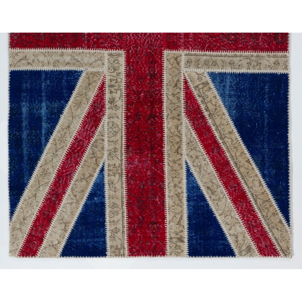 Union Jack British Flag Design Patchwork Rug Made from Re-Dyed Vintage Carpets