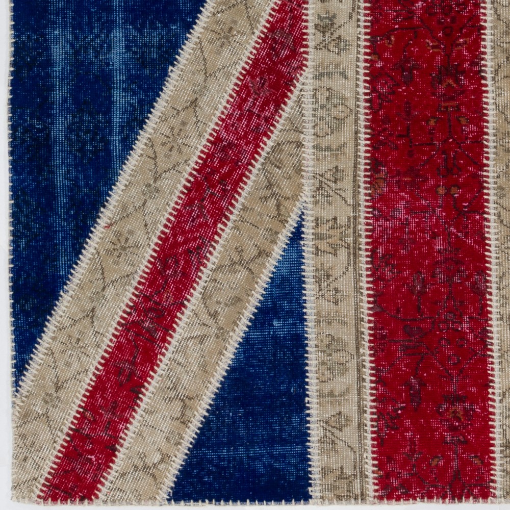 Union Jack British Flag Design Patchwork Rug | Vintage Hand-Knotted United Kingdom Flag Pattern Blue Carpet