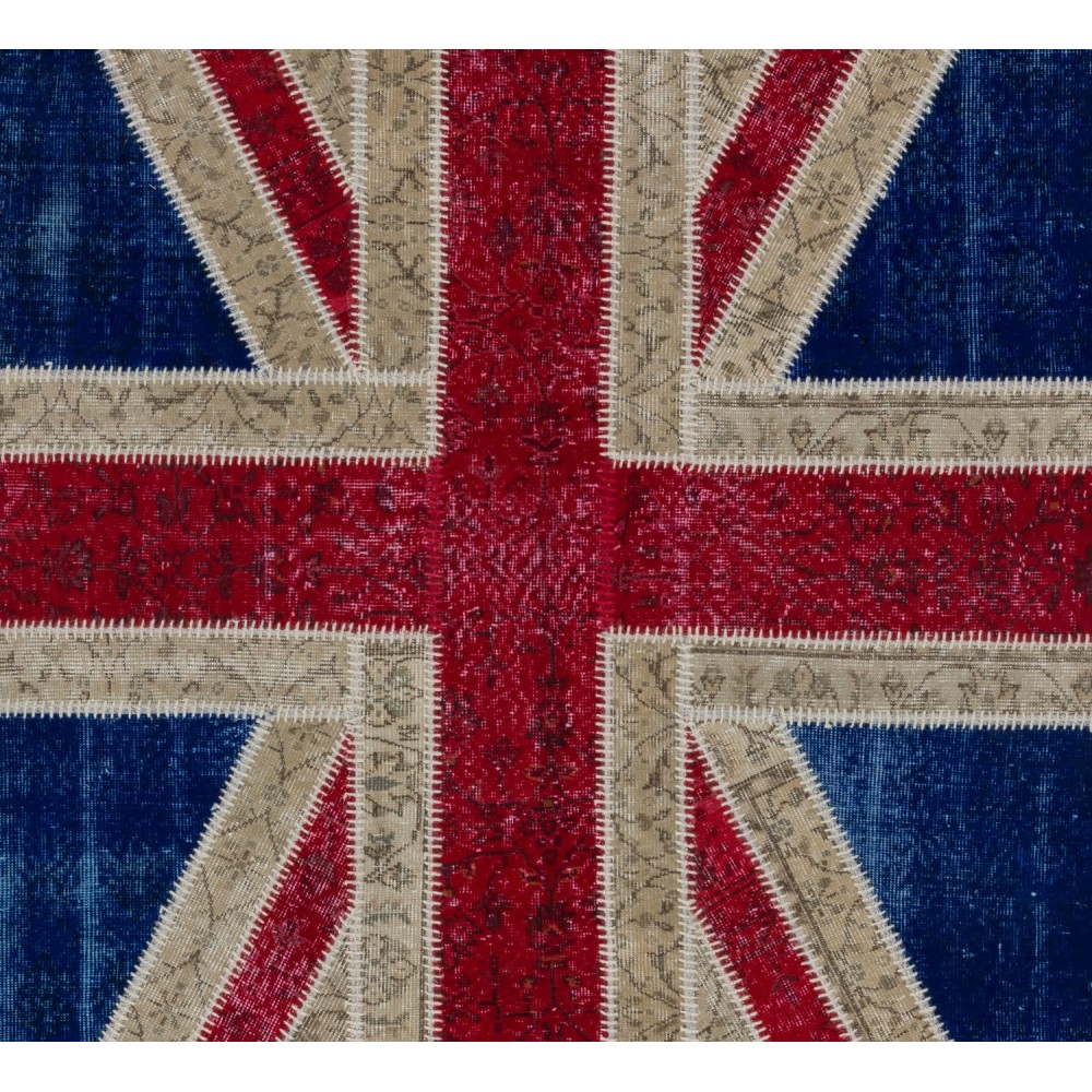 Union Jack British Flag Design Patchwork Rug Made from Re-Dyed Vintage Carpets