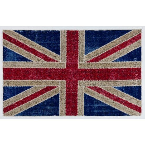 Union Jack British Flag Design Patchwork Rug Made from Re-Dyed Vintage Carpets