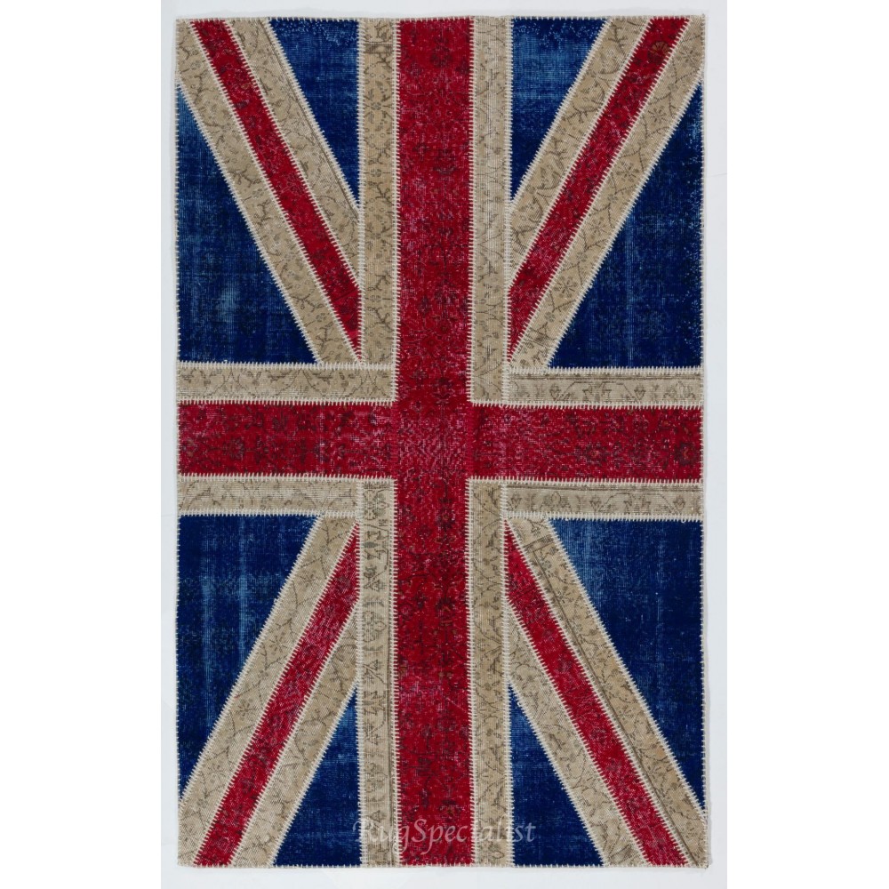 Union Jack British Flag Design Patchwork Rug Made from Re-Dyed Vintage Carpets